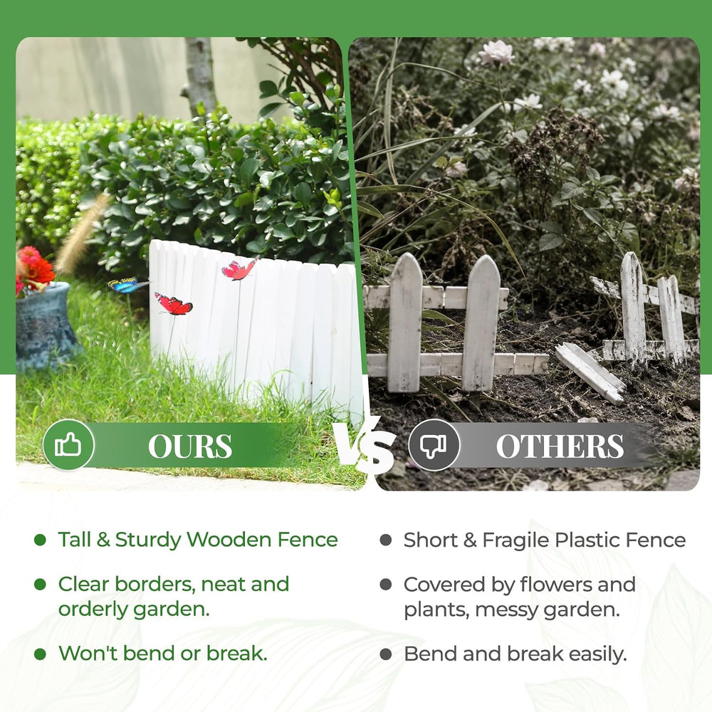 Wood Garden Edging, 12" H x 6.6 Ft L, 1 Pack, White Garden Fence
