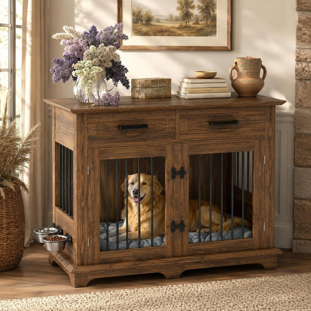 44.48" Large Dog Crate Furniture End Table (Brown) | 2 Storage Drawers, ...