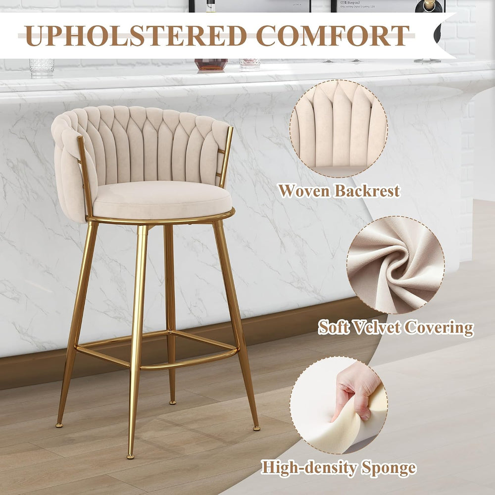 Beige Velvet Bar Stool Set of 2, 27" Counter Height with Woven Backrest
