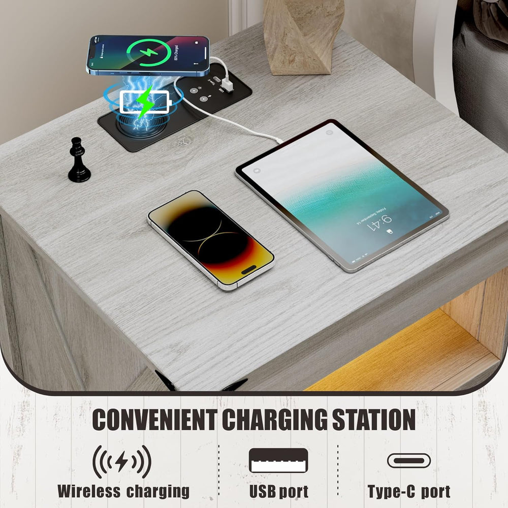 Night Stand with Gun Drawer, Bedside Table with Charger Station & LED Hum...