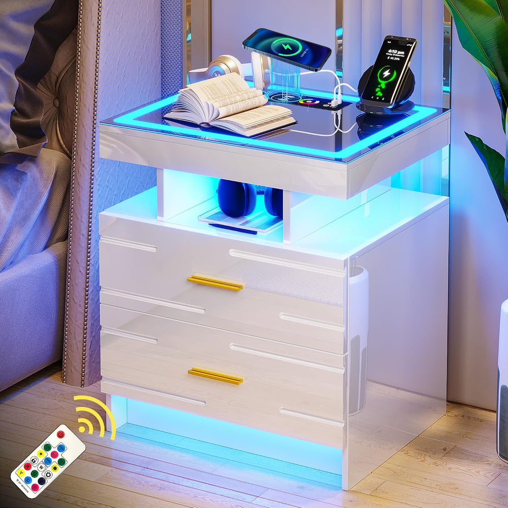 WOOVIVS Smart Nightstand with RGB Lights&Charging Station for Bedroom-White
