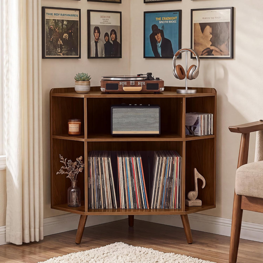 Corner Record Player Stand with Charging Station & USB Ports