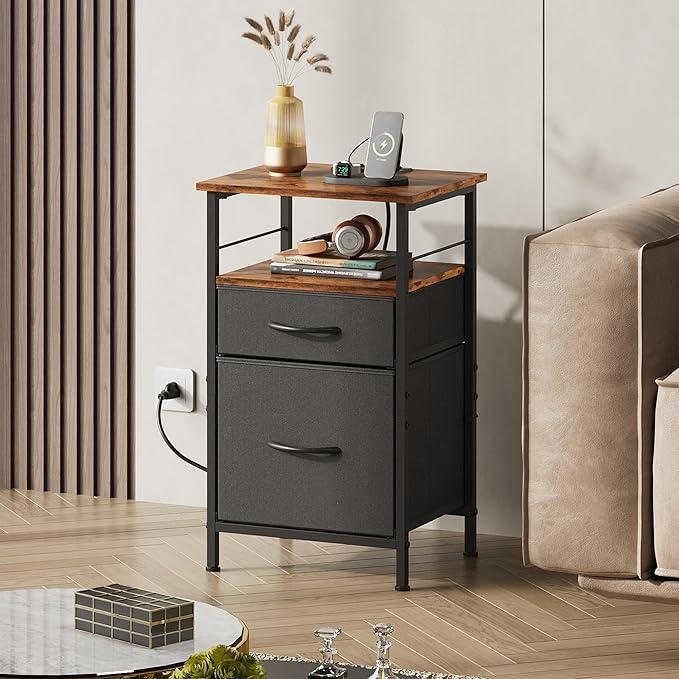 WLIVE Nightstands Set of 2, Night Stand Set 2 with Charging Station, Bedside ...