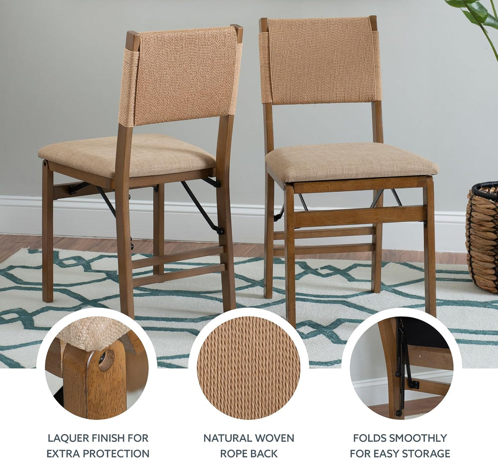 Bennett Natural Folding Chair with Rope Back and Linen Upholstered Seat Set o...