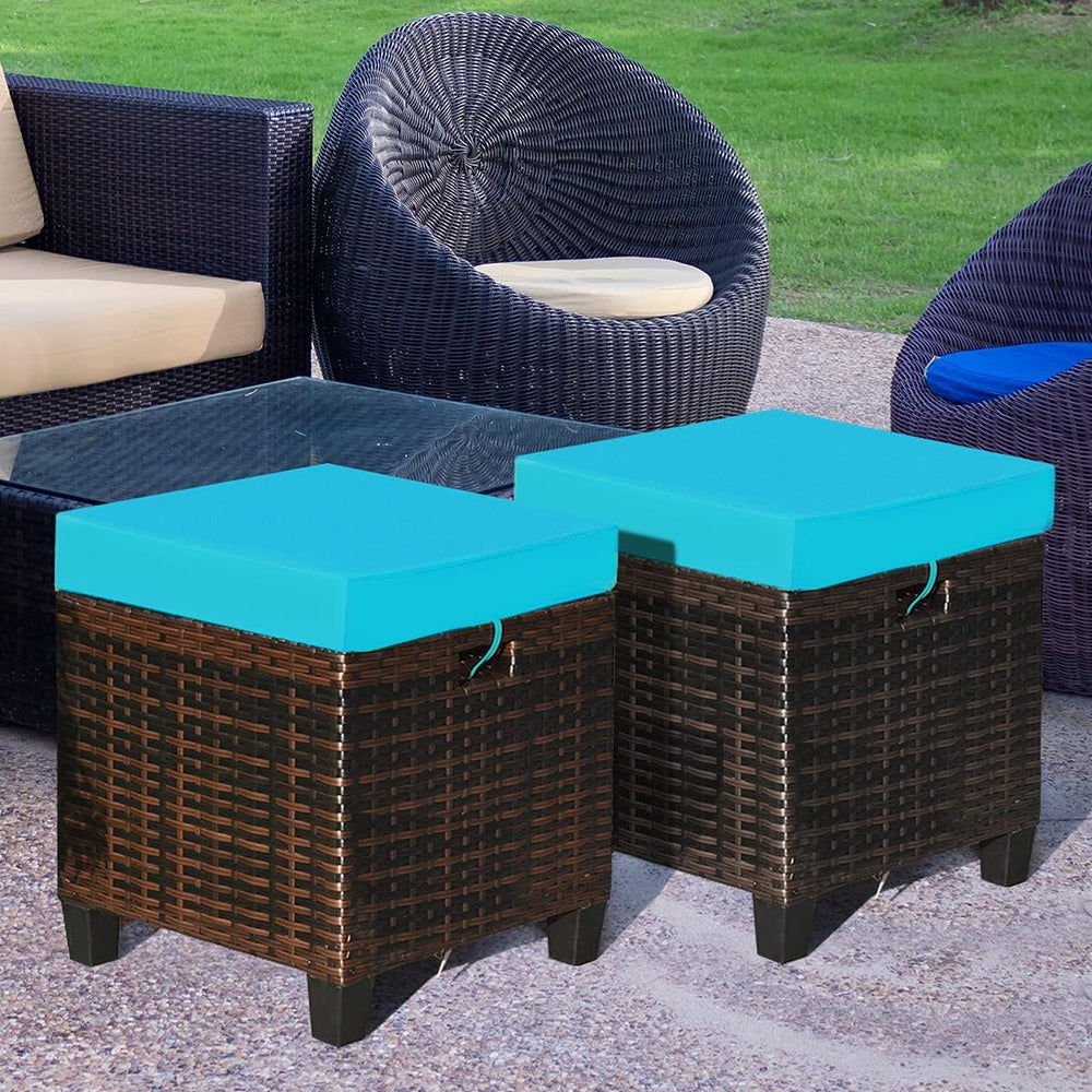2PCS Patio Outdoor Ottomans, Rattan Wicker Ottoman Seat w/Removable Cushions,...