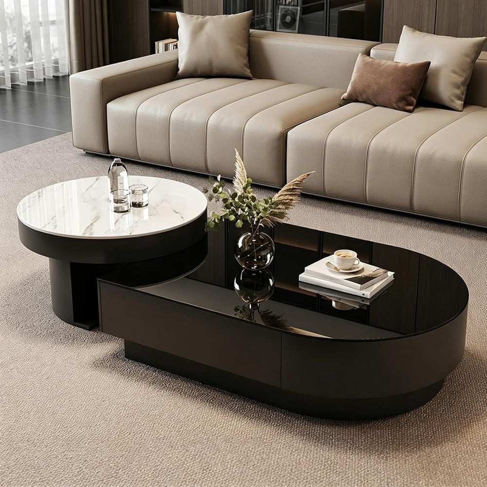 Contemporary Chic Sintered Stone Nesting Coffee Table Set of 2 with Drawer | ...