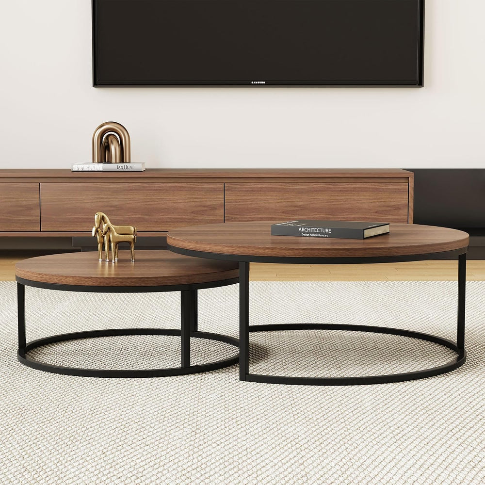 31.5" Round Coffee Table Set of 2, Nesting Cocktail End Tables | Small I...