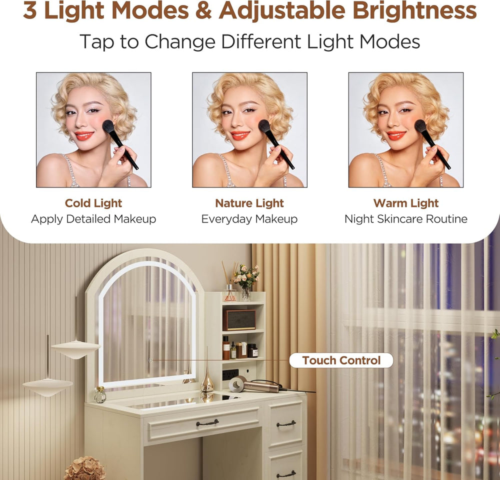 Makeup Vanity Desk with Mirror and Lights 3 Colors, Modern Dressing Table wit...