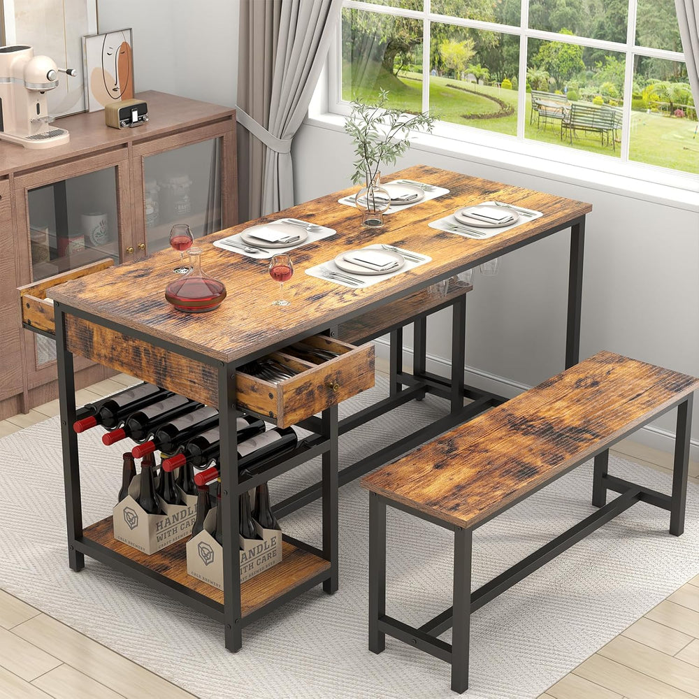 Dining Table Set for 4-6 People, 54.7" Kitchen Dinner Table with 2 Benches