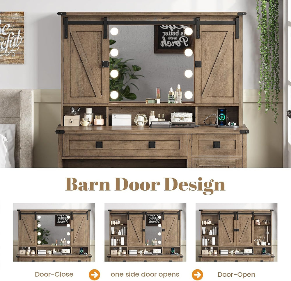 AOGLLATI Makeup Vanity with Lights & Barn Doors, Vanity Desk with Mirror ...