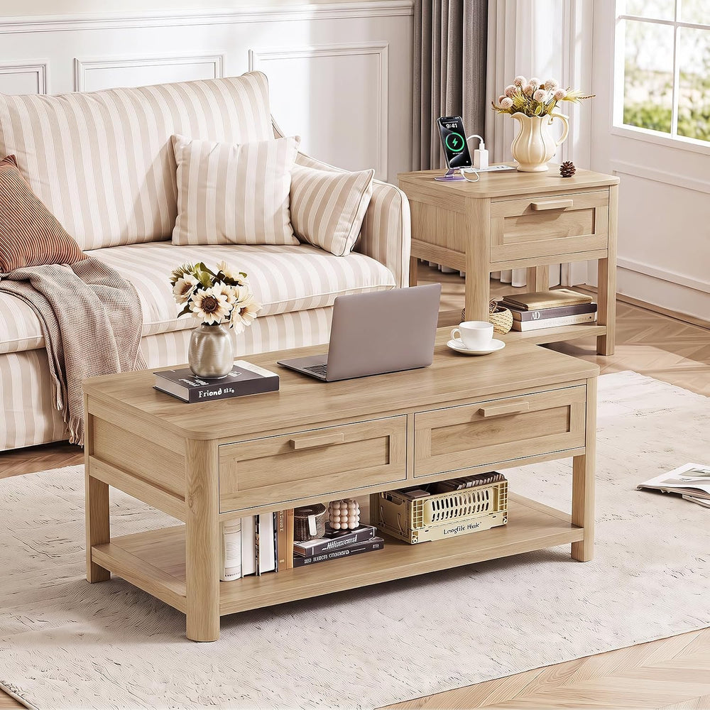 Joaxswe Farmhouse Coffee Table Set of 3, Natural Wood | Livng Room Table Sets...