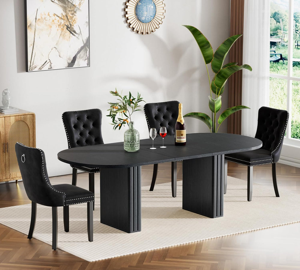 Extendable Dining Table Set of 4, Black Oval Dining Room Table & 4 Black ...