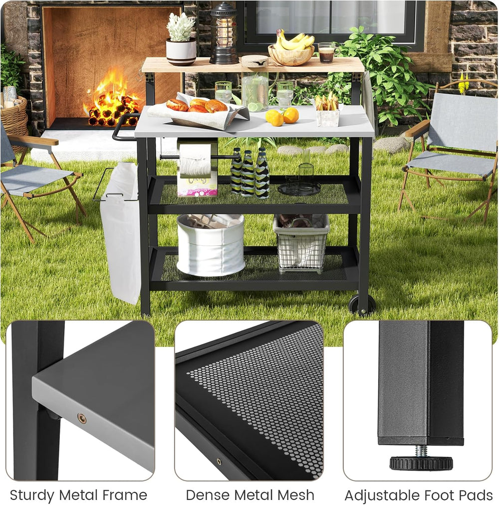 GOFLAME Outdoor Patio Cart Table, Kitchen Shelf on Wheels with Flip Top, Tras...