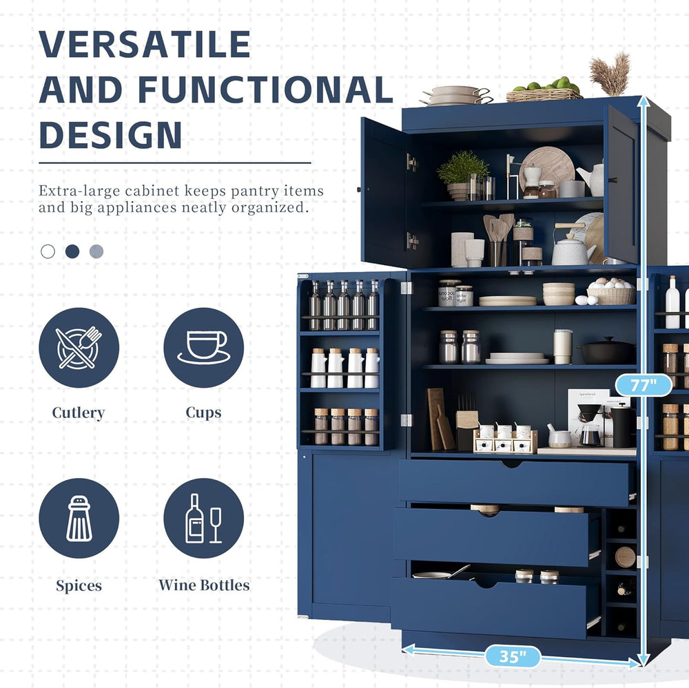 Merax 77''Tall Freestanding Kitchen Pantry,Farmhouse Tall Storage Cab...