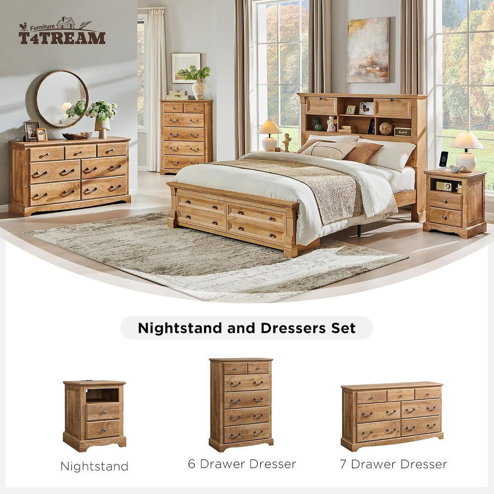 T4TREAM 18" Vintage Nightstand with Charging Station, Light Knotty Oak |...
