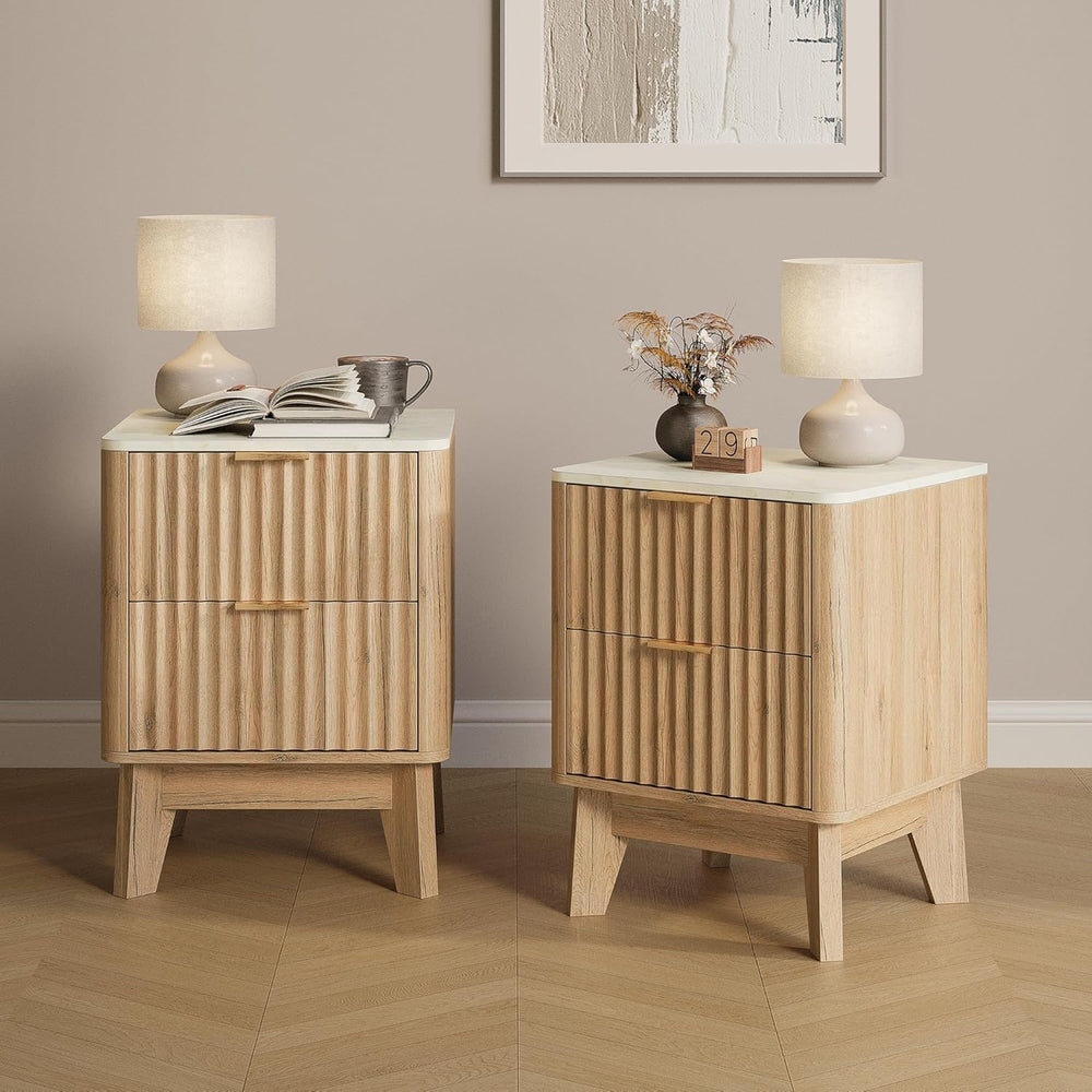 Fluted Nightstand Set of 2 with Faux Marble Top,Natural Oak