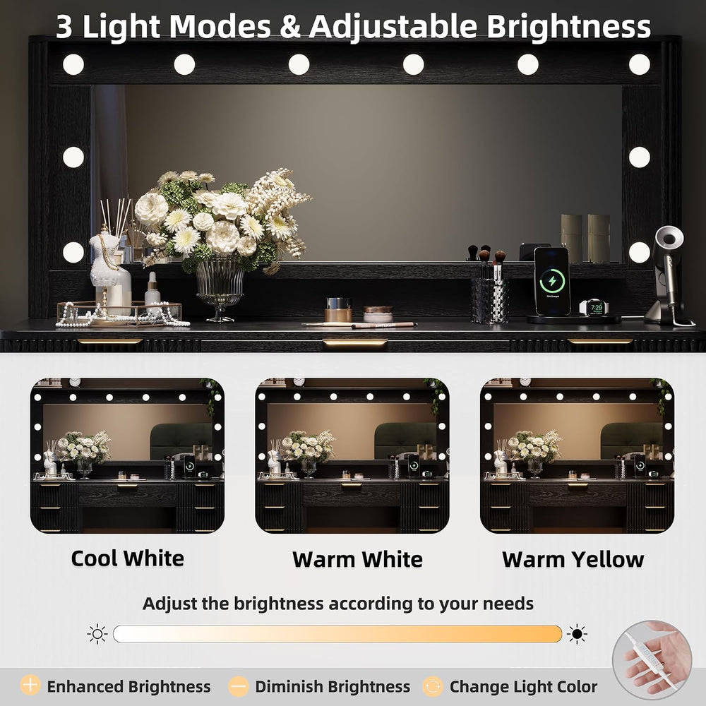 Fluted Makeup Vanity Desk with Large 39.3" Mirror and Lights, 48.8"...