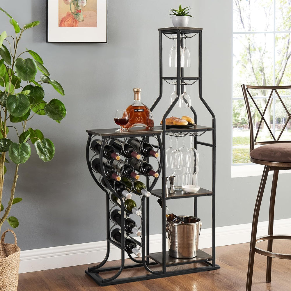 5-Tier Wine Rack Freestanding Floor, 11 Bottles Modern Wooden Wine Holder-Sto...