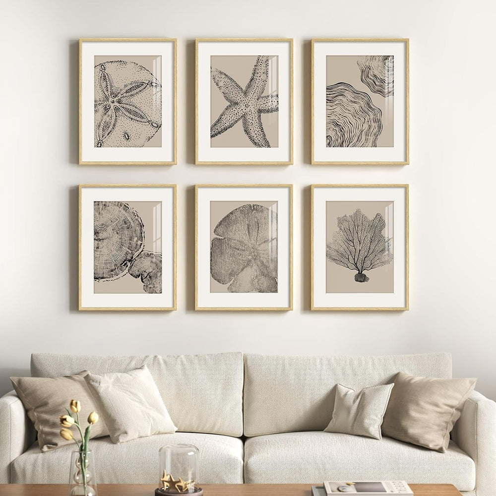 Framed Black and Beige Neutral Abstract Wall Art for Living Room, 6 Piece