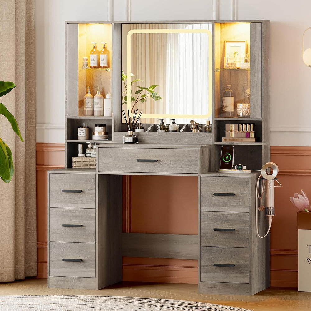 HUANLEGO Makeup Vanity Desk with Mirror and LED Lights for Girls, Grey | Farm...