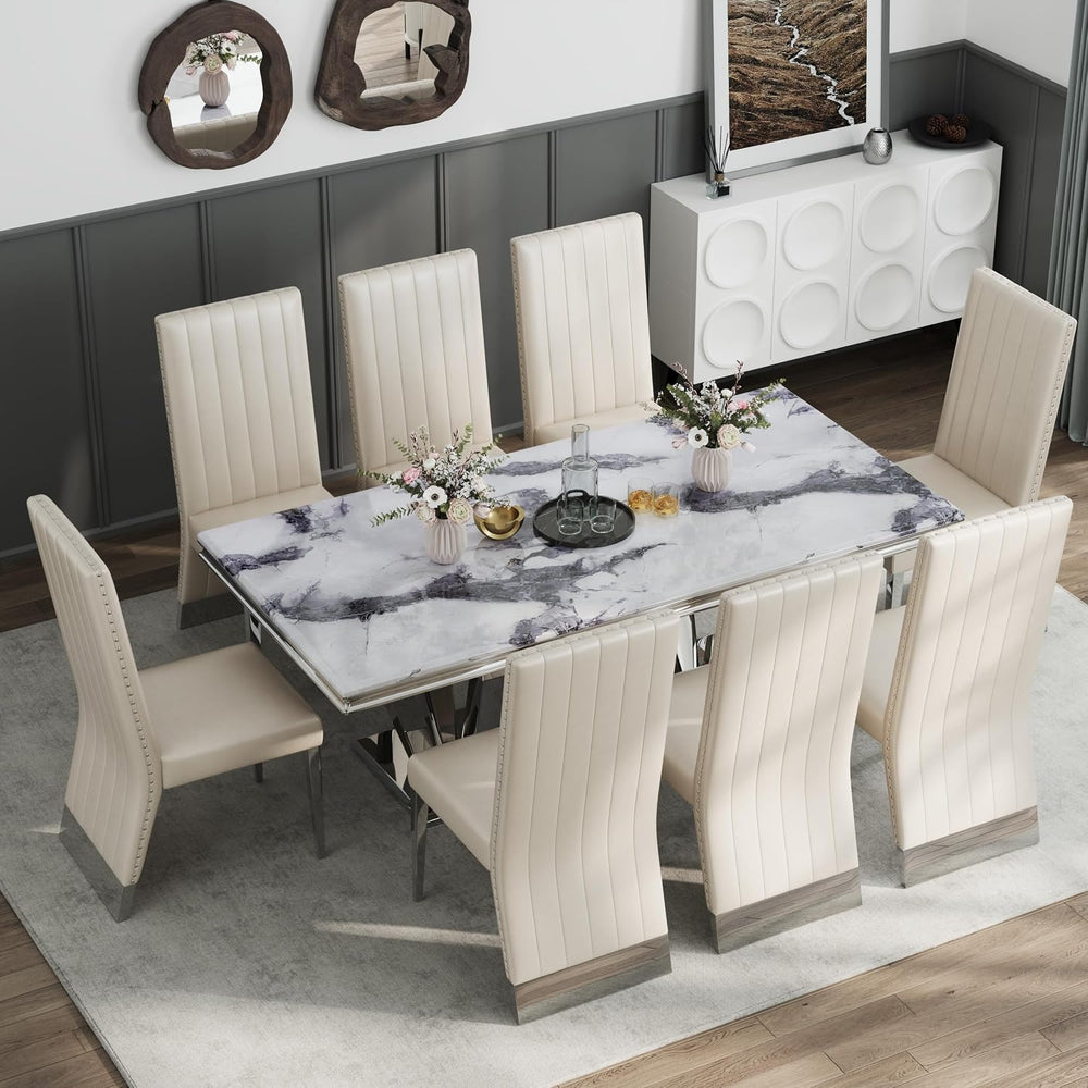 AUZ Modern White Leather Dining Chairs with Silver Mirrored Legs, Set of 2 | ...