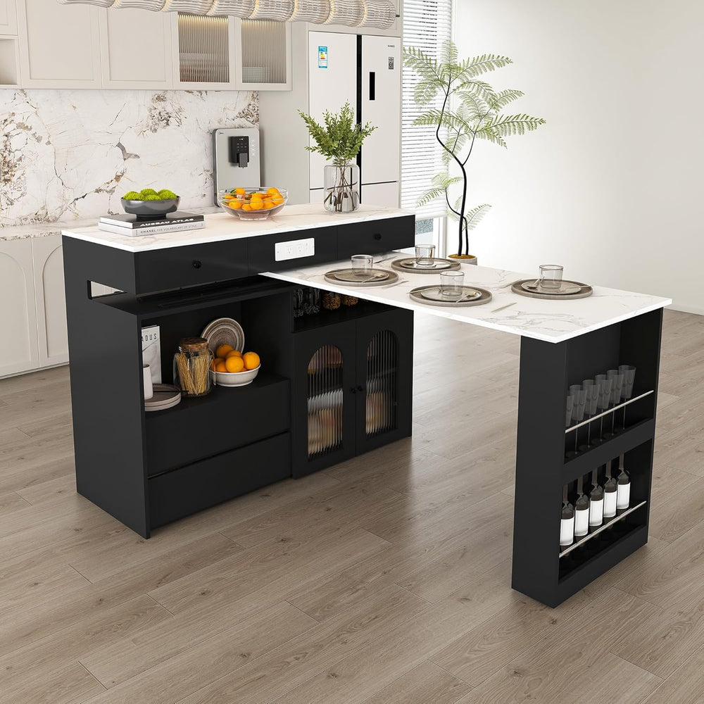 Flieks Kitchen Island with Extendable & Rotating Table, MDF with Marble V...