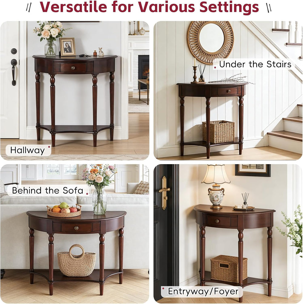 Solid Wood Console Table with Drawer and Shelf,Half Moon Porch Table,Semi Cir...