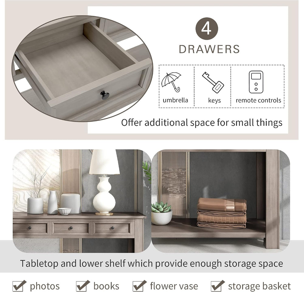 Knocbel Console Table with 4 Storage Drawers and Bottom Shelf, Rustic Distres...