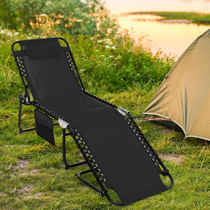 Tangkula Beach Lounge Chair for Outside, Folding Chaise Lounge Outdoor with 4-Position Backrest, Removable Headrest and Side Pocket, Portable Sunbathing Tanning Chair for Patio, Poolside (1, Black)