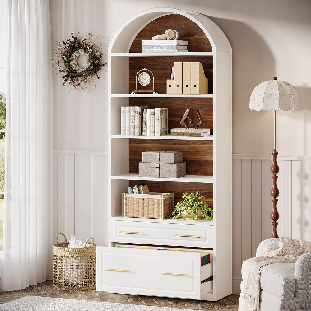 Tribesigns 76.8" Tall Arched 5-Tier Bookcase with File Cabinet Drawer