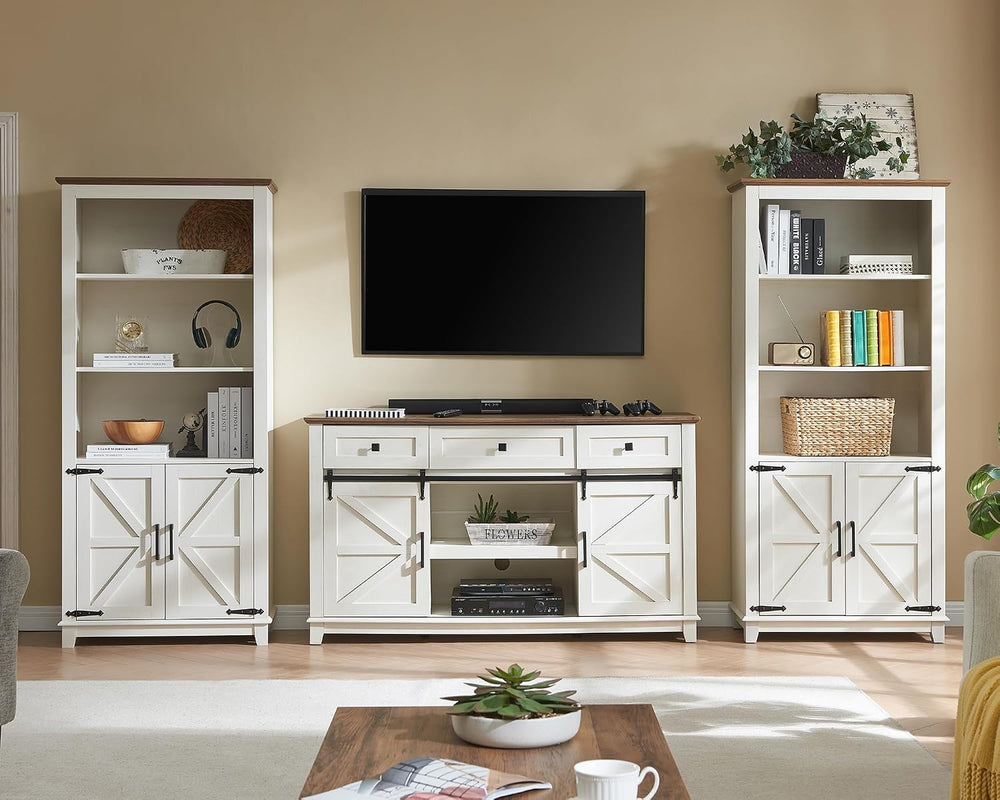 AMERLIFE 2-Piece 5-Tier Farmhouse Bookcase with Barn Doors, Rustic White