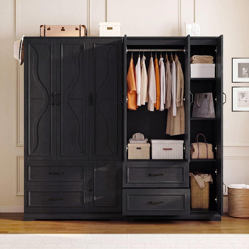 LIKIMIO Armoire Wardrobe Closet with 4 Doors and Drawers, Black