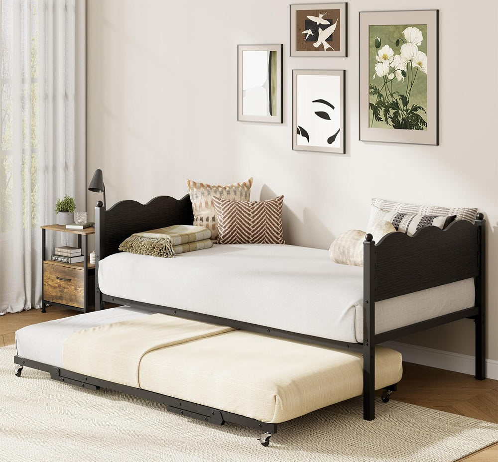 IDEALHOUSE Twin Daybed with Trundle, Day Bed with Industrial Wood Grain Headb...