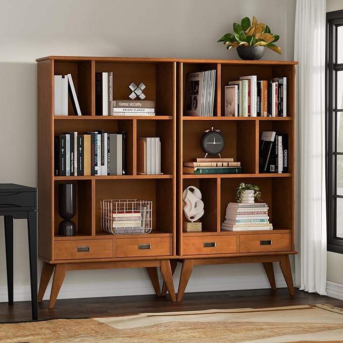 SIMPLIHOME Draper 35 inch Mid-Century Modern 6 Cubbie Bookcase with Drawer (S...