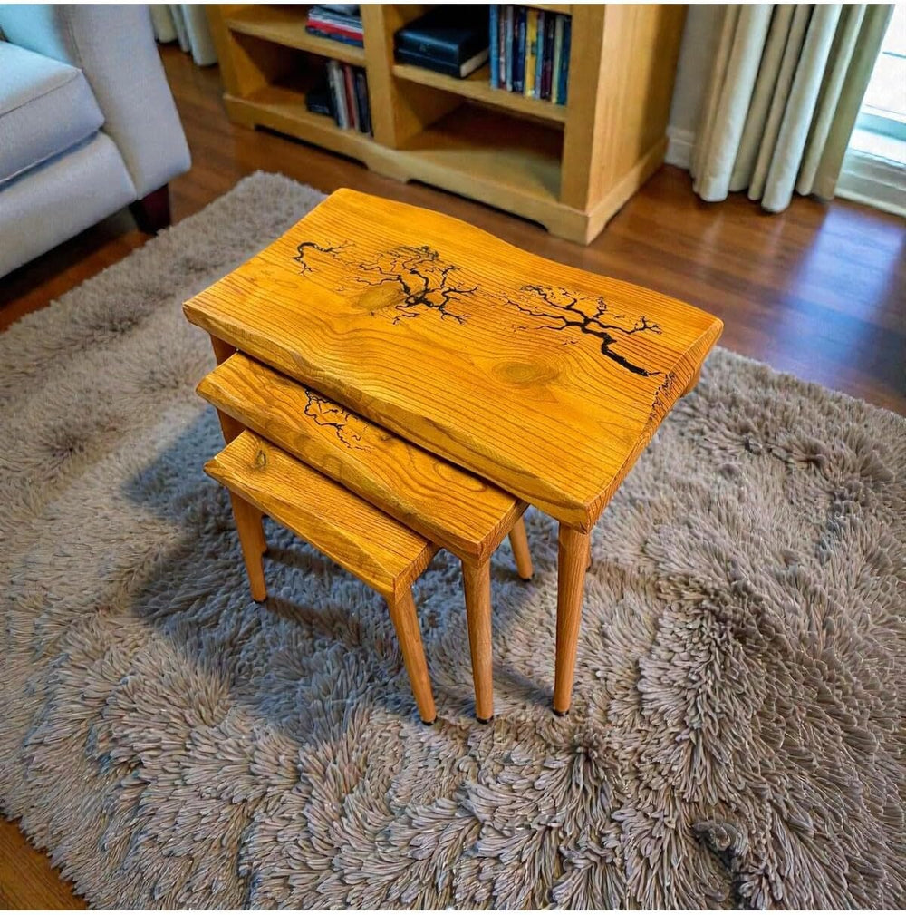 SODEF Handmade Oak Series Nesting Side Table Set - 3 Piece Retro Style Wood T...
