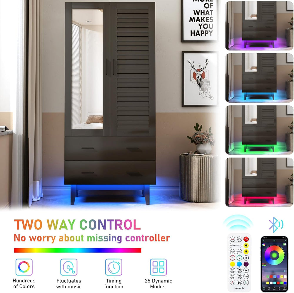 Hlivelood 2 Door Armoire Wardrobe Closet Cabinet with Mirror, Drawers and LED...