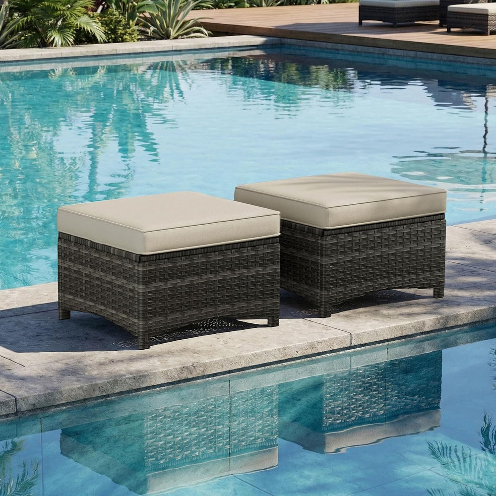 Outdoor Wicker Ottoman Set of 2, Patio Swivel Rattan Ottoman with Thick Cushi...