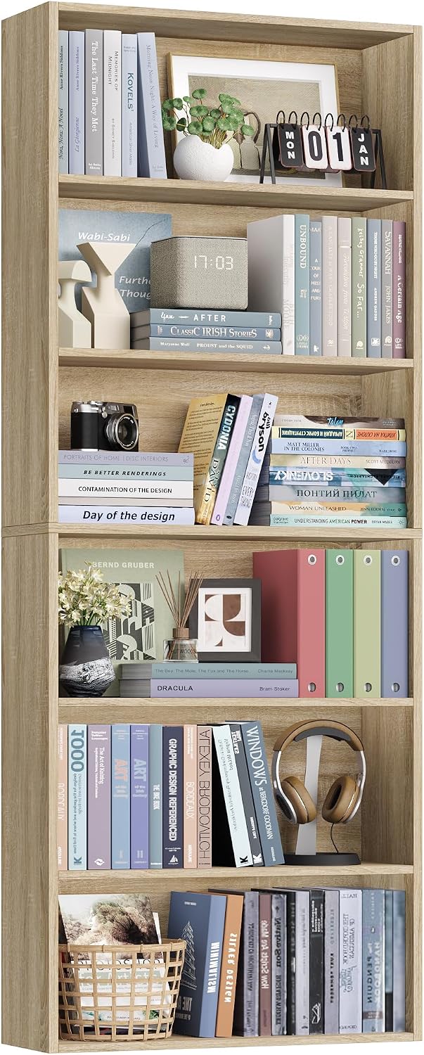 FOTOSOK 6 Tier Tall Bookshelf Bookcase with Open Display Shelves, Light Oak