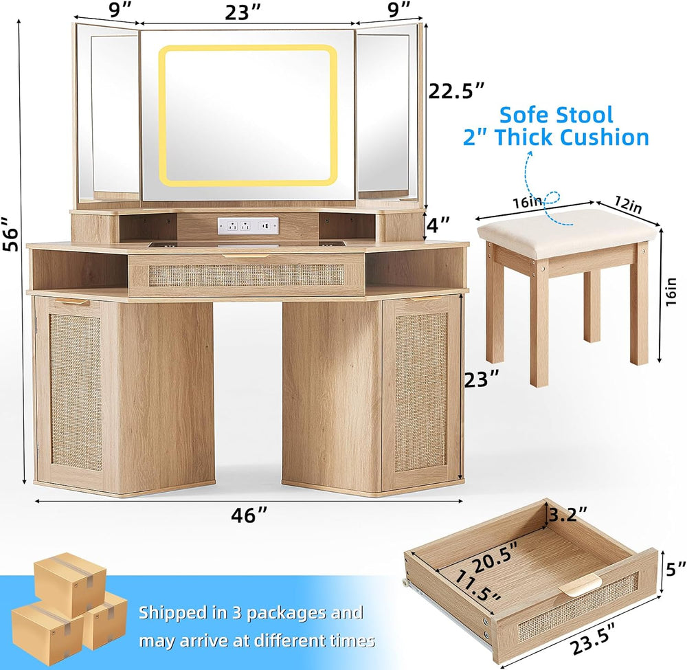 Lerliuo Corner Vanity Desk with 3 Way Mirror and Lights, Stool Sets | 46'...