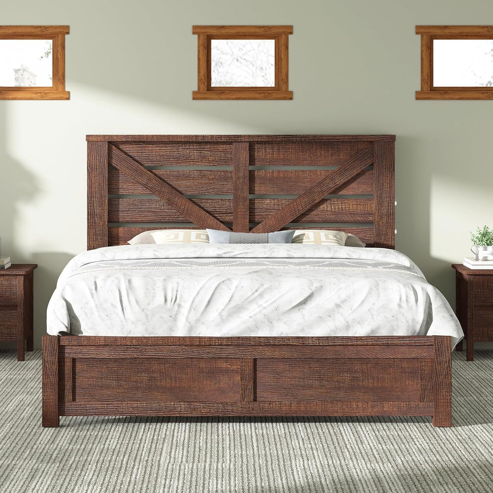 AMERLIFE Farmhouse Queen Size Bed Frame with 49" Barn Door Headboard, Brown