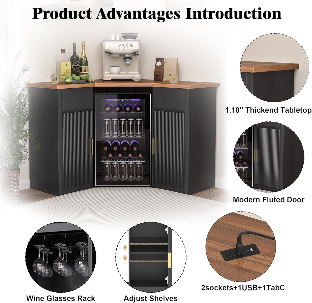 GDLF Corner Coffee Bar with Fridge Space, L Shaped Liquor Cabinet,Black | L-S...