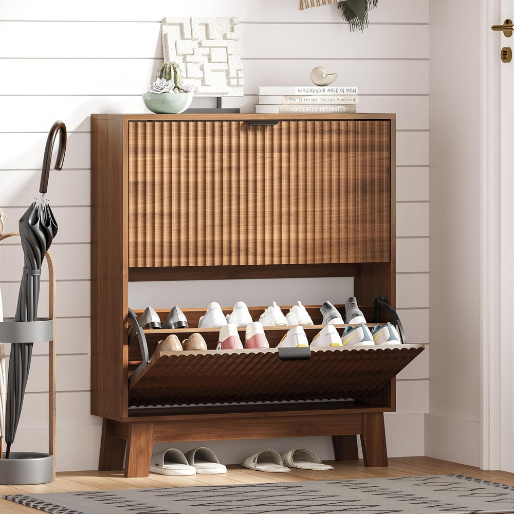 Shoe Cabinet Storage for Entryway with 2 Flip Drawers, Fluted Narrow Shoe Org...