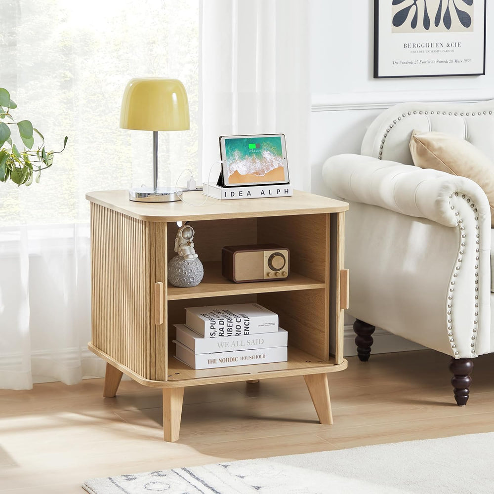 Nightstands Set of 2, 24 Inch Mid-Century Fluted End Table with Charging Stat...