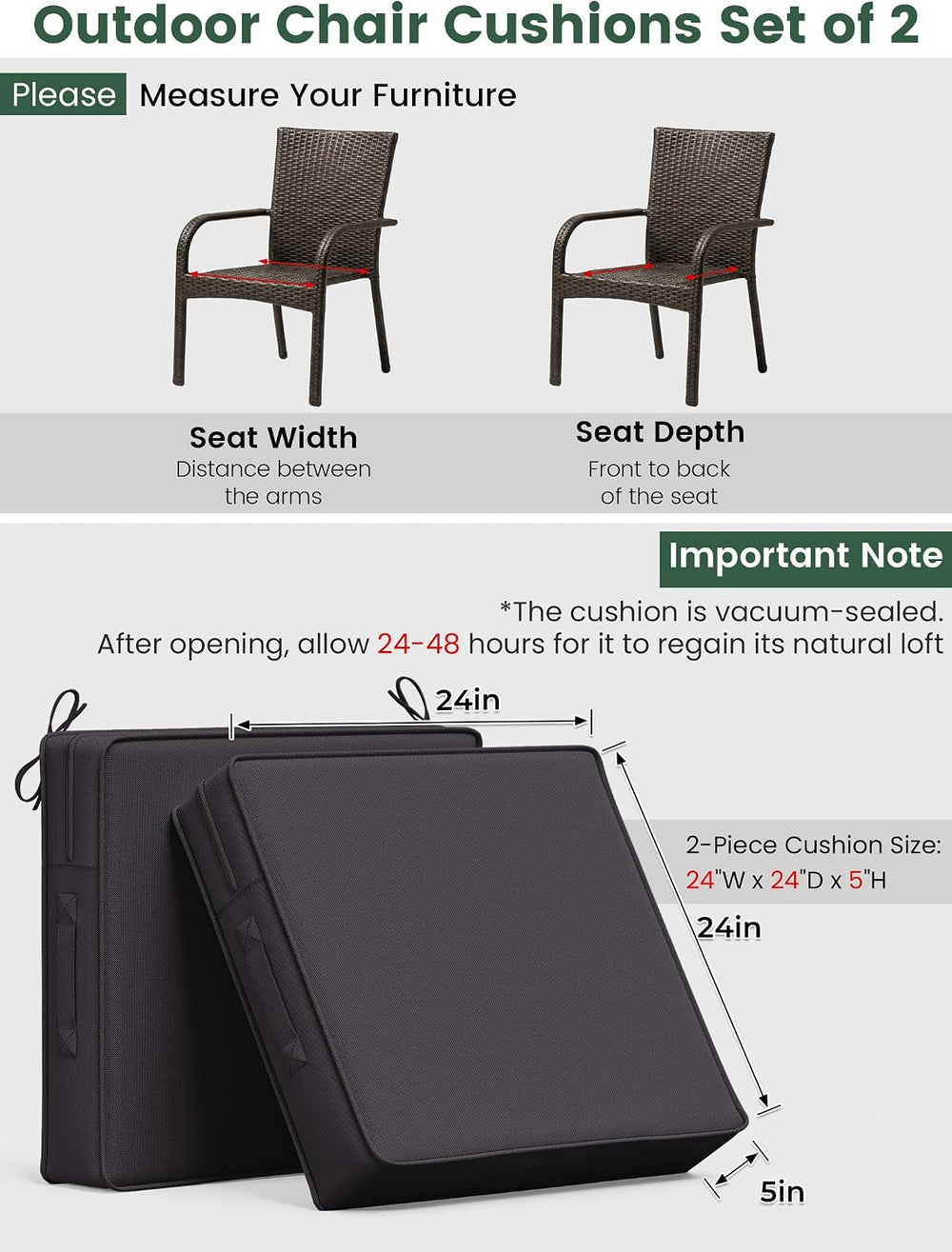 Outdoor Chair Cushions 24x24x5 Inch with Handles and Ties Cushion Set of 2