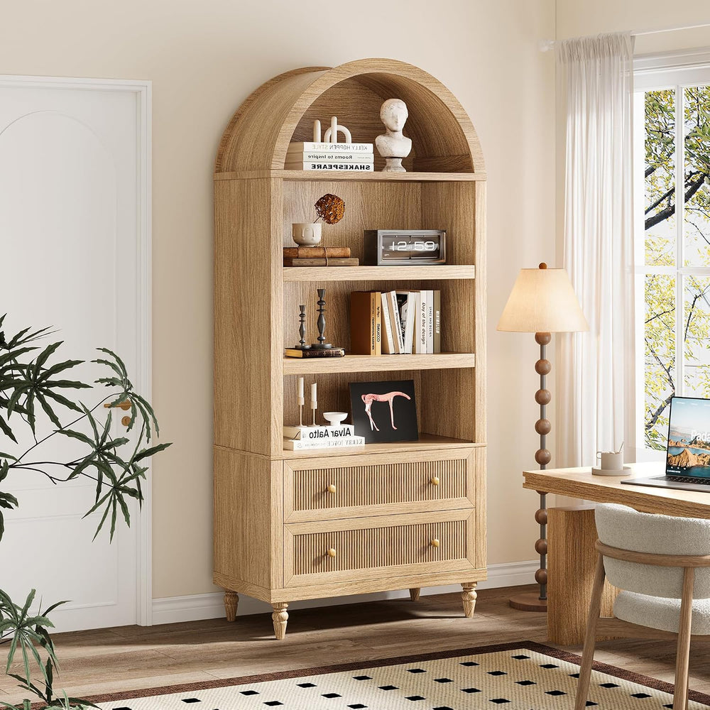INNOD 72" Tall Arched Bookshelf, 6 Tiers Arch Bookcase with Drawer, Farm...