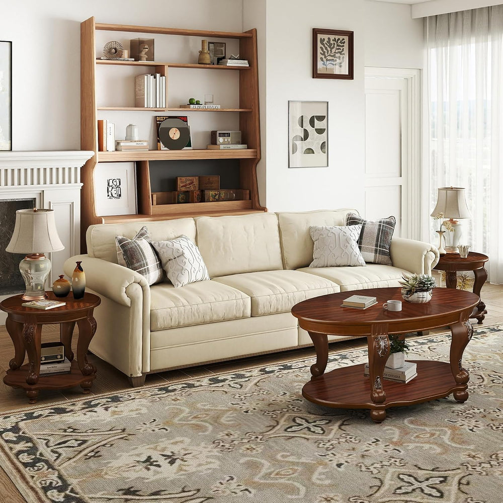 LKTART Oval Wood Living Room Coffee Table and End Table Set of 3, Cherry
