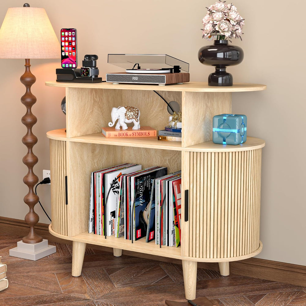 LUVIOHOME Large Round Record Player Stand with Charging Station & USB Ports