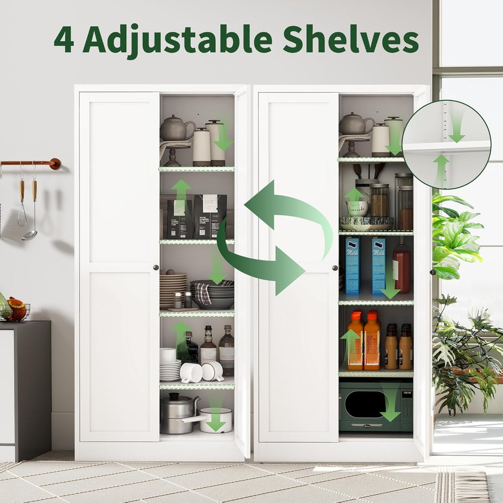 Kitchen Pantry Cabinet,White Metal Pantry Cabinet with 2 Doors & 4 Adjust...
