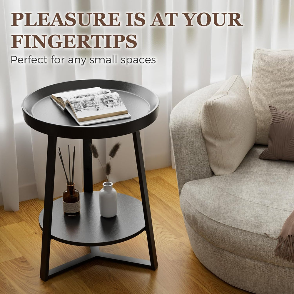 Gadroad Round End Table with Charging Station, Wood Tabletop & Black Meta...