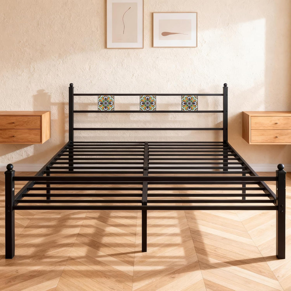 Full Metal Bed Frame with Ceramic Tile Decor Headboard